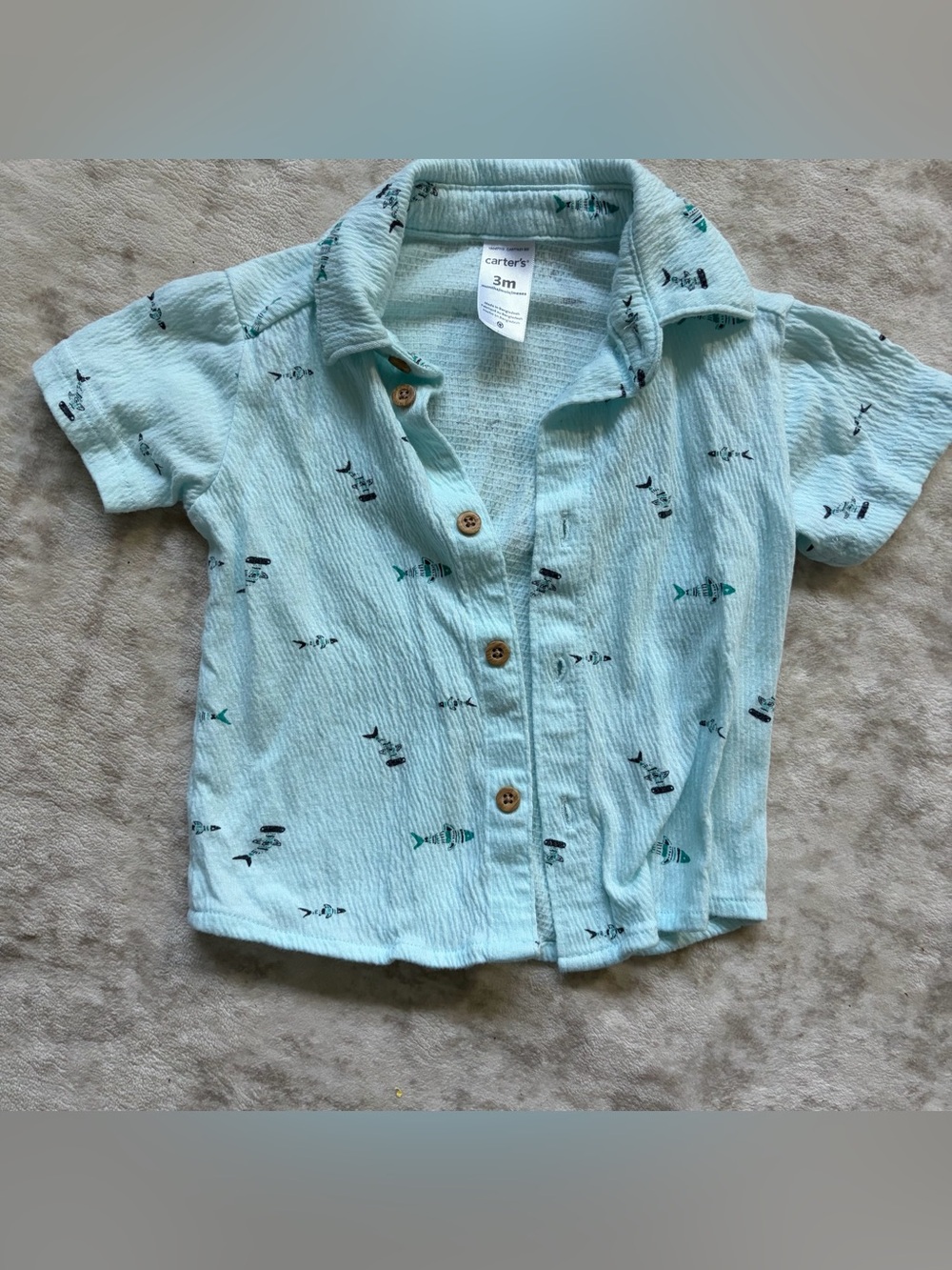 Baby boy 3 month blue linen button down fish themed